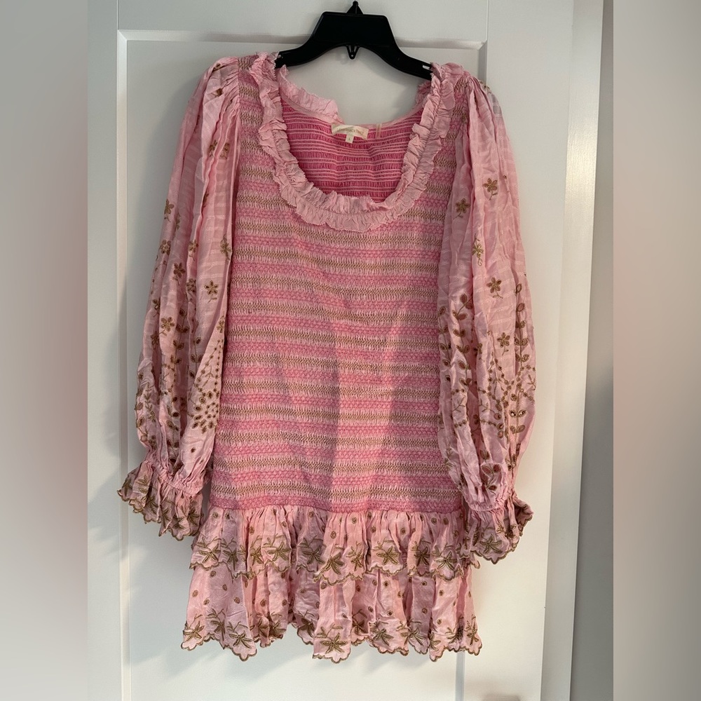 Love Shack Fancy baby pink gold dress